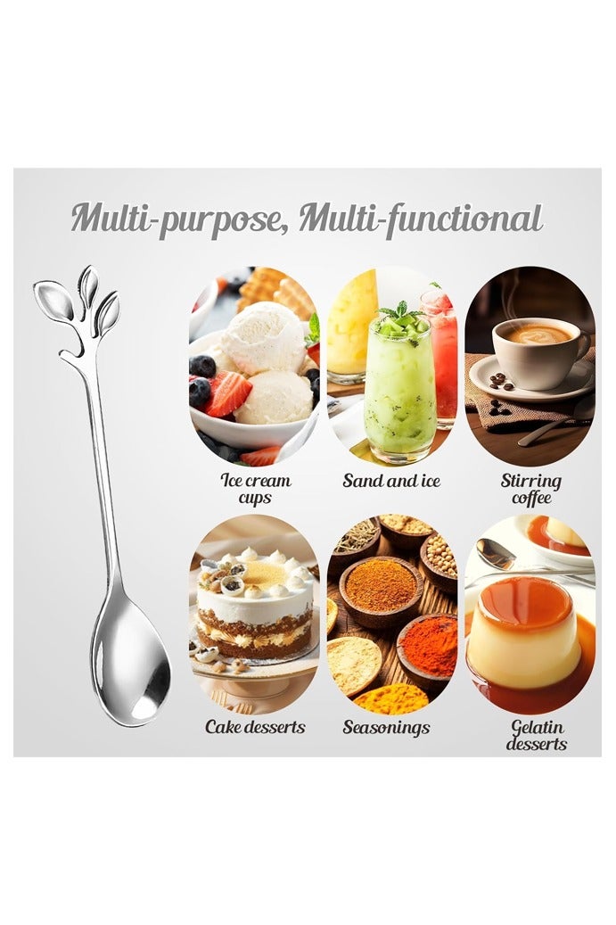 10 قطع ملاعق حلوى، أوراق إبداعية فضية أنيقة صغيرة من الفولاذ المقاوم للصدأ لتحريك وخلط السكر والآيس كريم والكعك والقهوة والشاي - Image 4