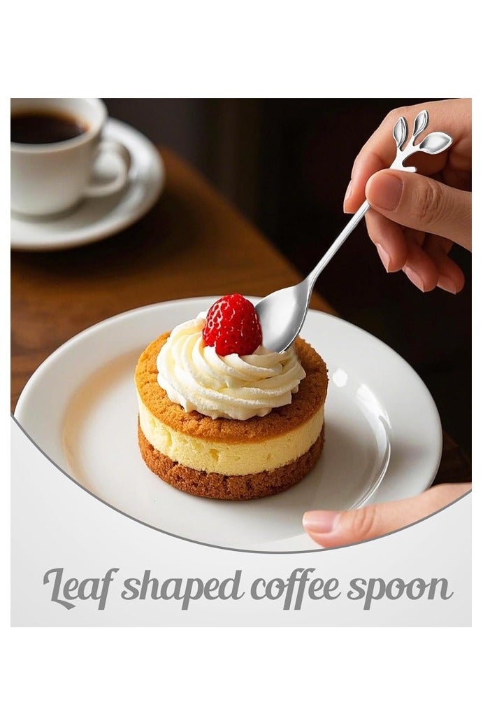10 قطع ملاعق حلوى، أوراق إبداعية فضية أنيقة صغيرة من الفولاذ المقاوم للصدأ لتحريك وخلط السكر والآيس كريم والكعك والقهوة والشاي - Image 5