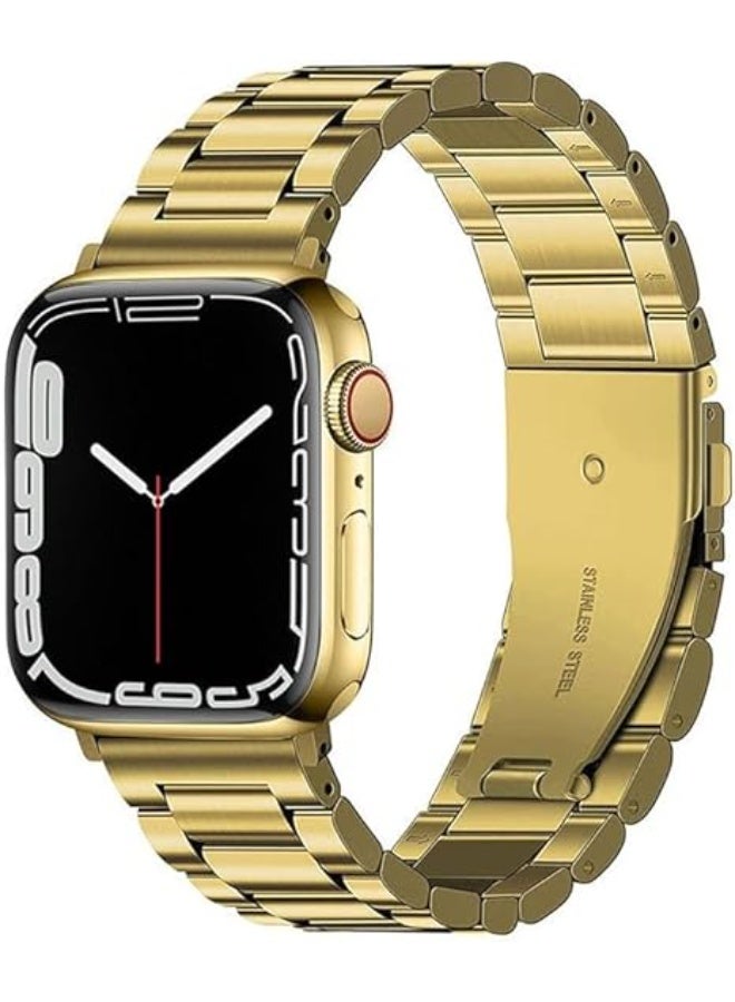 حزام متوافق مع أحزمة ساعة Apple Watch Ultra/Ultra 2، SE، Series 9 8 7 6 5 38 مم 40 مم 41 مم 42 مم 44 مم 45 مم 49 مم، أشرطة من الفولاذ المقاوم للصدأ للنساء والرجال (الساعة غير متضمنة) ذهبي - Image 1