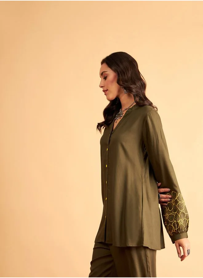 ساسافراس Floral Embroidered Sleeve Shirt by Styli