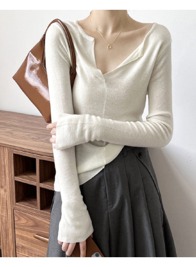 Modal Solid Color V-Neck Lapel Bell Sleeve Long Sleeve Knitted Women'S Base Shirt Autumn Winter Lazy Style Slim Fit Slimming Inner Wear Top - Image 1