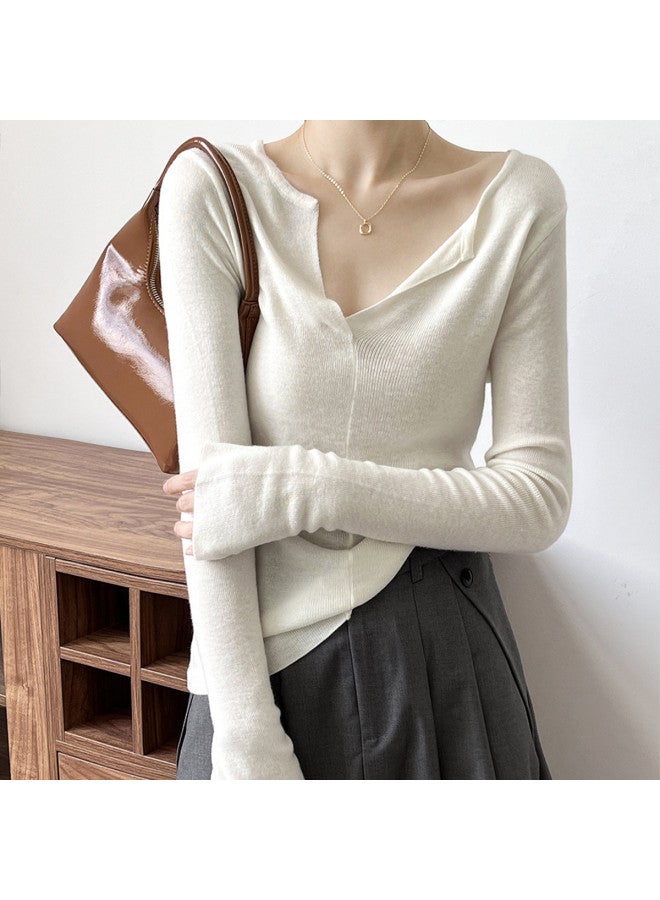 Modal Solid Color V-Neck Lapel Bell Sleeve Long Sleeve Knitted Women'S Base Shirt Autumn Winter Lazy Style Slim Fit Slimming Inner Wear Top - Image 2