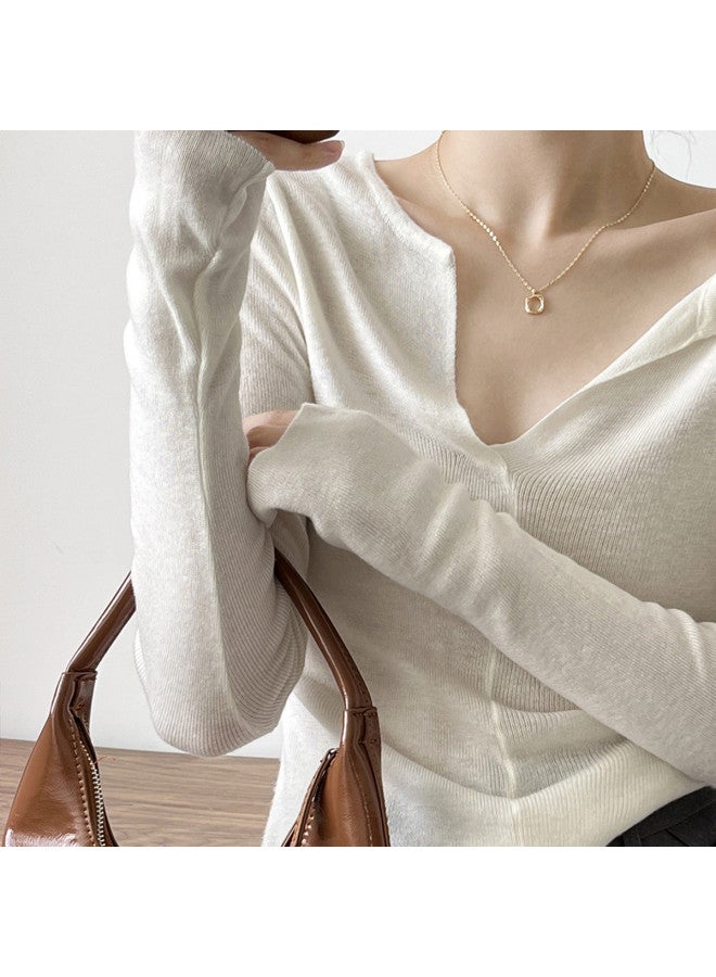 Modal Solid Color V-Neck Lapel Bell Sleeve Long Sleeve Knitted Women'S Base Shirt Autumn Winter Lazy Style Slim Fit Slimming Inner Wear Top - Image 5