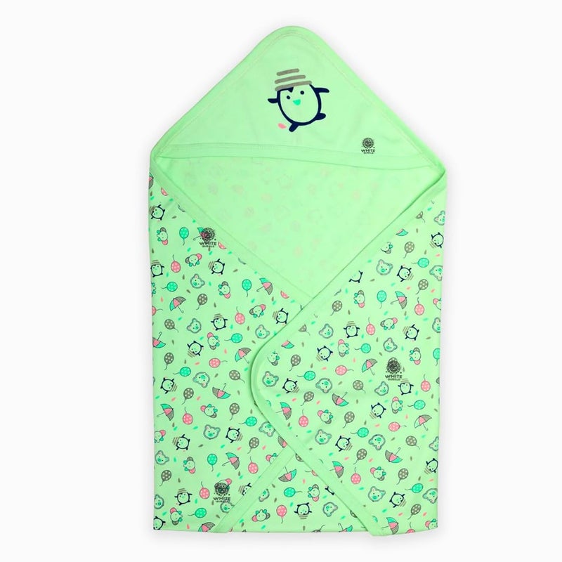 White Bubble Cotton Hooded Wrapper & Blanket for Newborns (Pack of 1, 50x75CM) - Extra Soft Baby Towel, Pink/Sky/Green Color with Cartoon Prints (Blue) (Blue)