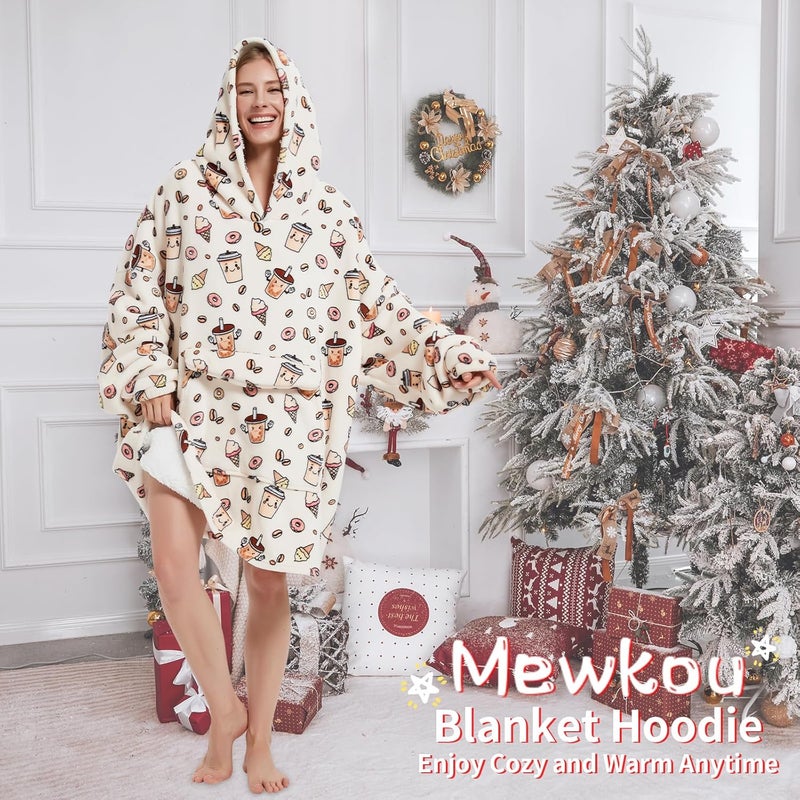 Mewkou هودي بطانية قابلة للارتداء للبالغين، هودي بطانية شيربا فليس بحجم كبير للنساء والرجال، قهوة - Image 4