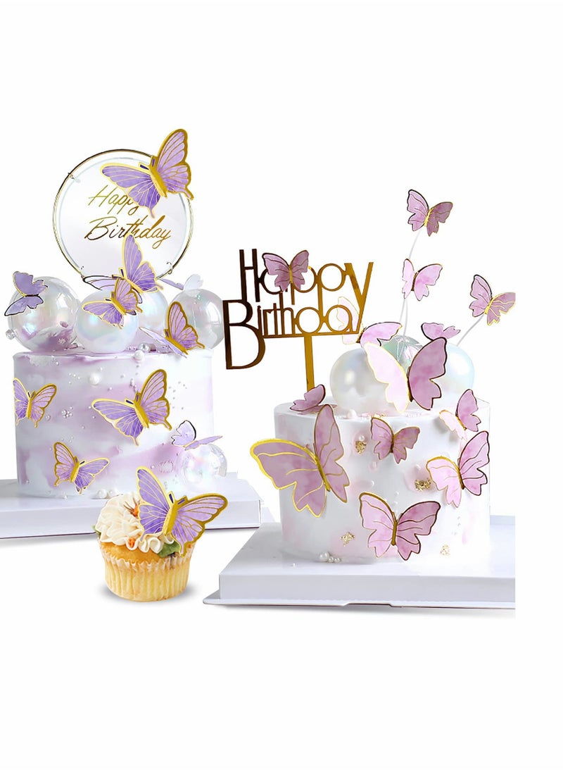 KASTWAVE - Party Decor, 22-Pieces Purple & Pink Butterfly Cake Decorations with Happy Birthday Acrylic Cake Toppers for Baby Shower Wedding Birthday Party Decor (Pink&Purple) - Image 1