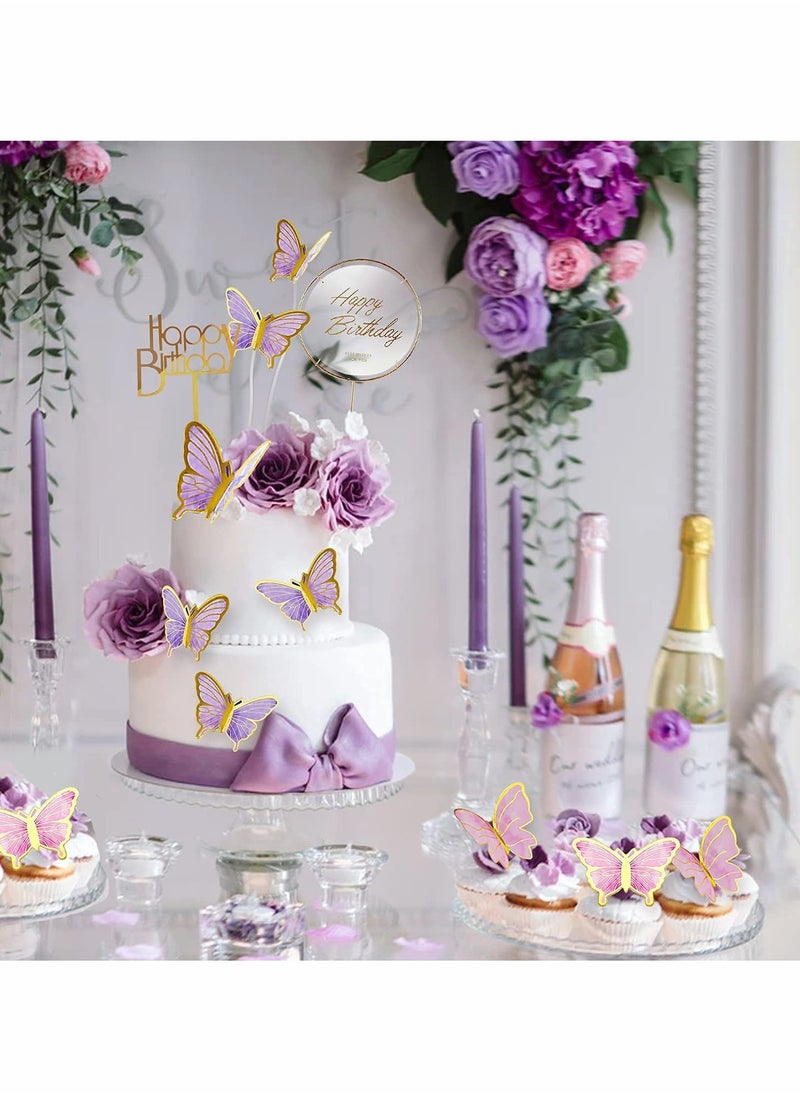KASTWAVE - Party Decor, 22-Pieces Purple & Pink Butterfly Cake Decorations with Happy Birthday Acrylic Cake Toppers for Baby Shower Wedding Birthday Party Decor (Pink&Purple) - Image 1