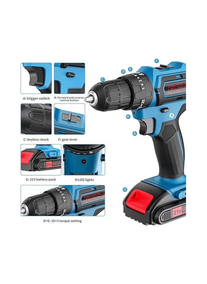 Generic - 21V Cordless Drill Driver Set – Electric Power Drill with 2x 2000mAh Batteries, 25+3 Torque Settings, 2-Speed Function, and LED Light – Ideal for Home and Garden DIY Projects - Image 1