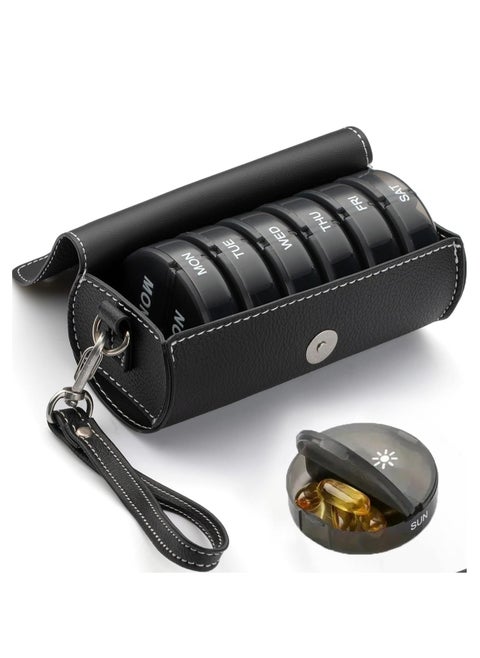 Weekly Pill Organizer 2 Times a Day, AM PM Daily Large Pill Box Case with PU Leather Case for Travel, Portable Round Pill Case Medicine Organizer with Large Compartments,7 Day Pill Container for Vitamin Fish Oils Supplement, Black