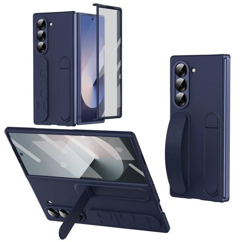 XIMAND for Samsung Galaxy Z Fold 7 Protect Case with Wristband StandBulitin Screen Lens Protection Shockproof Full Body Drop Fall ProtectionBlue - Image 2