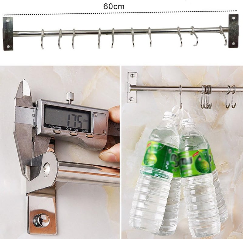 Petilleur Kitchen Sliding Hooks, Stainless Steel Hanging Rack Rail Organize Kitchen Utensil Removable S Hooks for Towel, Spoon, Coats, Bathrobe, BBQ,Wall Mounted Hanger (10 Hooks 23.6In) - Image 5