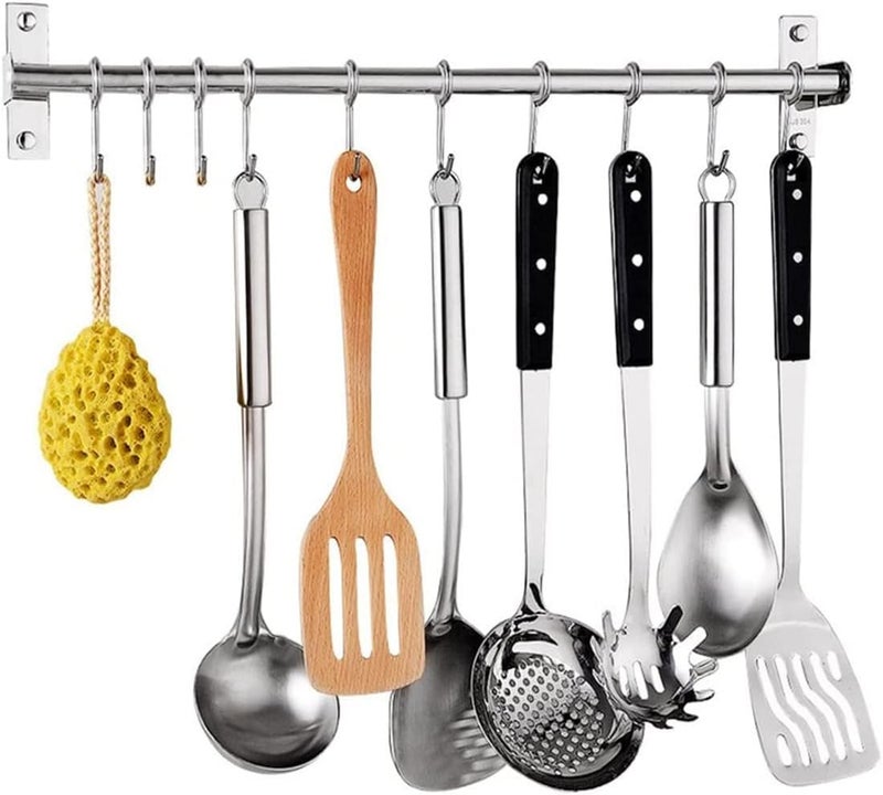 Petilleur Kitchen Sliding Hooks, Stainless Steel Hanging Rack Rail Organize Kitchen Utensil Removable S Hooks for Towel, Spoon, Coats, Bathrobe, BBQ,Wall Mounted Hanger (10 Hooks 23.6In) - Image 1