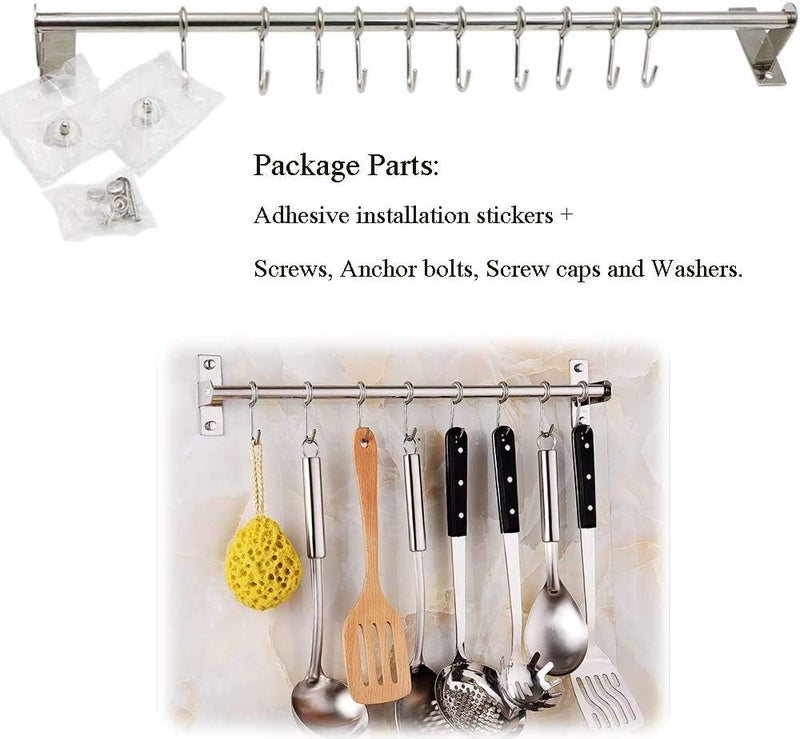 Petilleur Kitchen Sliding Hooks, Stainless Steel Hanging Rack Rail Organize Kitchen Utensil Removable S Hooks for Towel, Spoon, Coats, Bathrobe, BBQ,Wall Mounted Hanger (10 Hooks 23.6In) - Image 3
