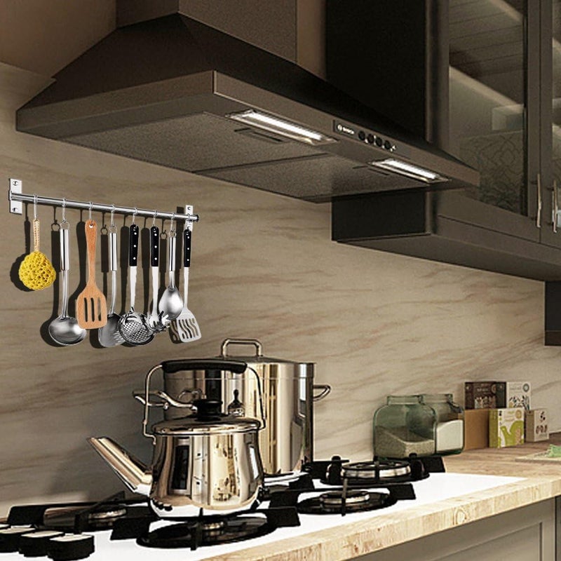 Petilleur Kitchen Sliding Hooks, Stainless Steel Hanging Rack Rail Organize Kitchen Utensil Removable S Hooks for Towel, Spoon, Coats, Bathrobe, BBQ,Wall Mounted Hanger (10 Hooks 23.6In) - Image 2