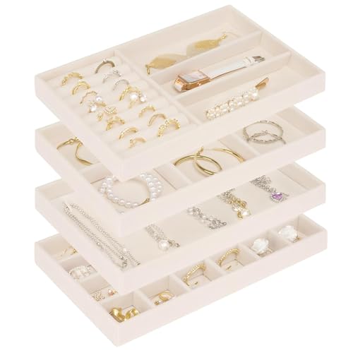 Cirhy Stackable Jewelry Trays Organizer for Drawer, 4 Set of Jewelry Organizers and Display Case Storage, Velvet Drawer Inserts Organizer for Necklace Bracelets Earrings Organizer-4 Set , Gift For Her,Beige - Image 1