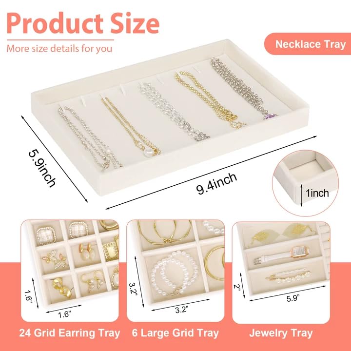 Cirhy Stackable Jewelry Trays Organizer for Drawer, 4 Set of Jewelry Organizers and Display Case Storage, Velvet Drawer Inserts Organizer for Necklace Bracelets Earrings Organizer-4 Set , Gift For Her,Beige - Image 4