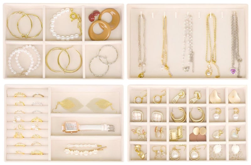Cirhy Stackable Jewelry Trays Organizer for Drawer, 4 Set of Jewelry Organizers and Display Case Storage, Velvet Drawer Inserts Organizer for Necklace Bracelets Earrings Organizer-4 Set , Gift For Her,Beige - Image 2