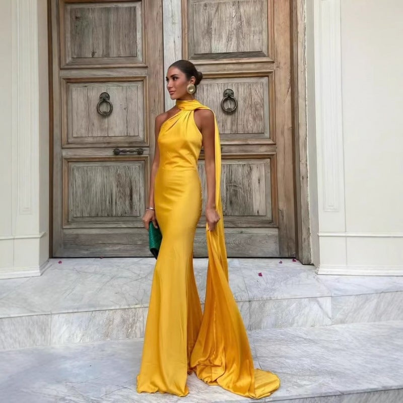 Fashion Popular Silk Satin Texture Ribbon Halter Dress - Image 4