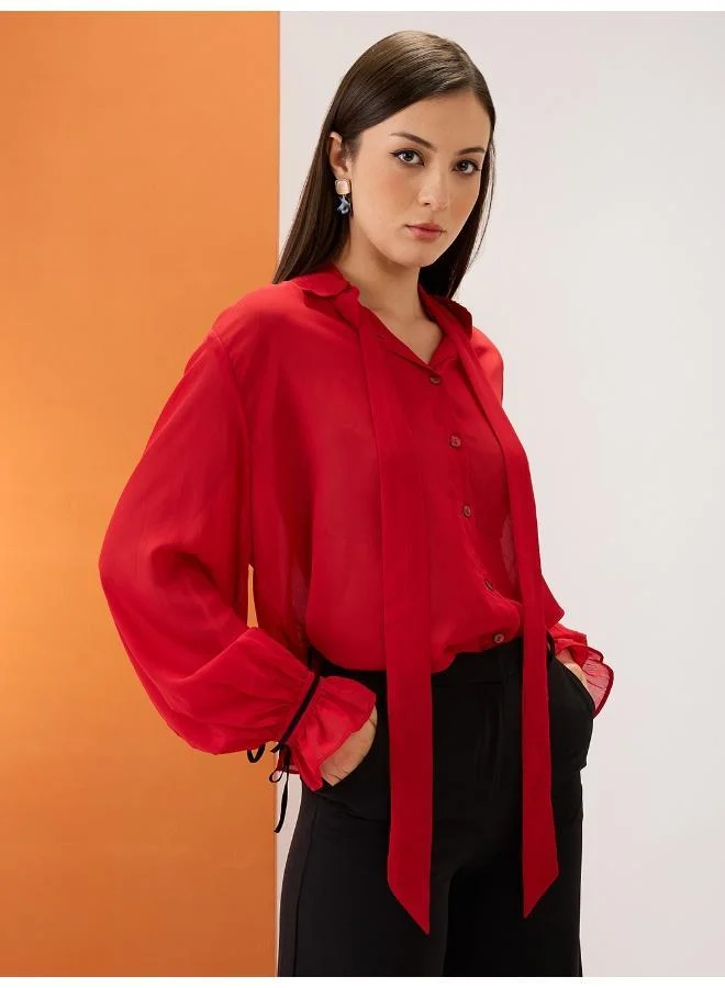 globus Globus Women's Chiffon Red Party Shirt with Shirt Collar and Bishop Sleeves
