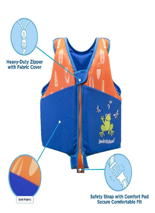 SwimSchool - New SwimSchool Swim Trainer Vest - Medium/Large Max 50 Pounds - Kids Swim Vest with Padded Shoulders - Comfortable Flex-Form-Fit Design with Adjustable Safety Strap - Blue/Orange - Image 1