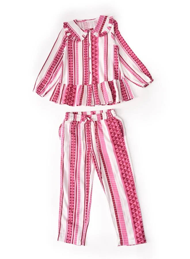 بيلا مودا Girls Pink Stiped Ruffle Detail Shirt And Trousers Set