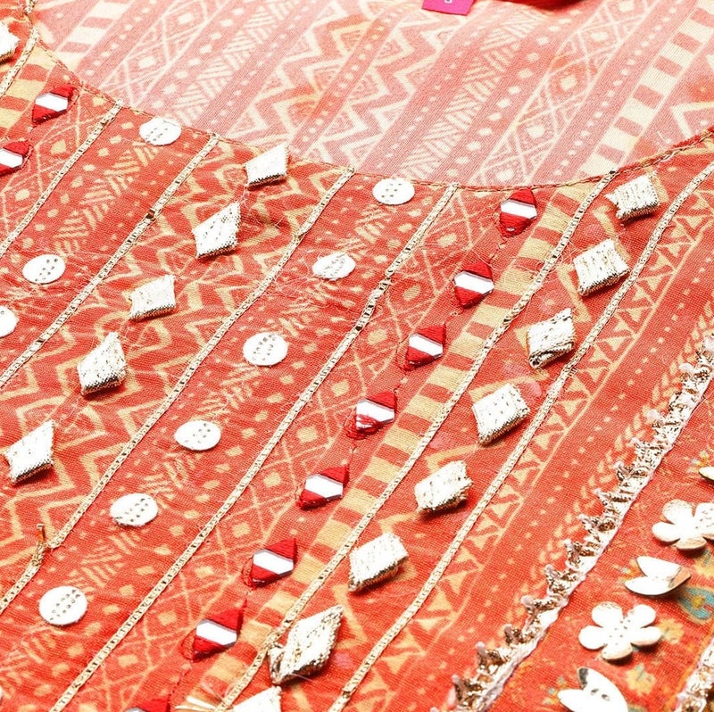 PRASHA Women Mustard- Multi Colored Pure Silk Gotta and Mirror Embroidered Kaftan with Dhoti Pants - Image 3