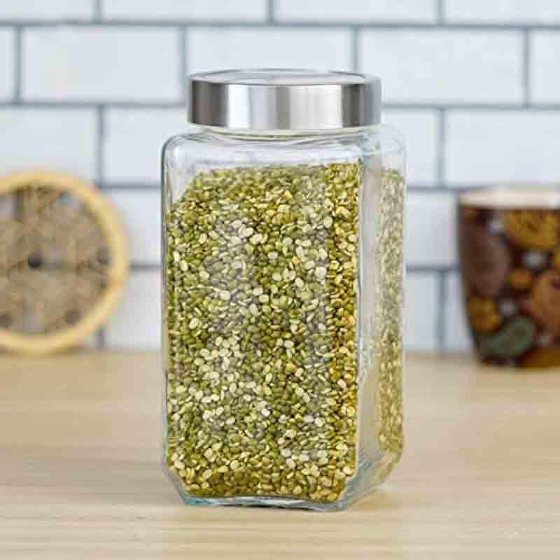 Vency Vency Glass Cube Shape Fridge Storage Containers Transparent Glass Jars & Containers for Kitchen Pantry, Snacks, Masala, Pickles, Dry Fruits, Coffee Beans Storage (Set Of 2) (1000ml Steel Cap) - Image 3
