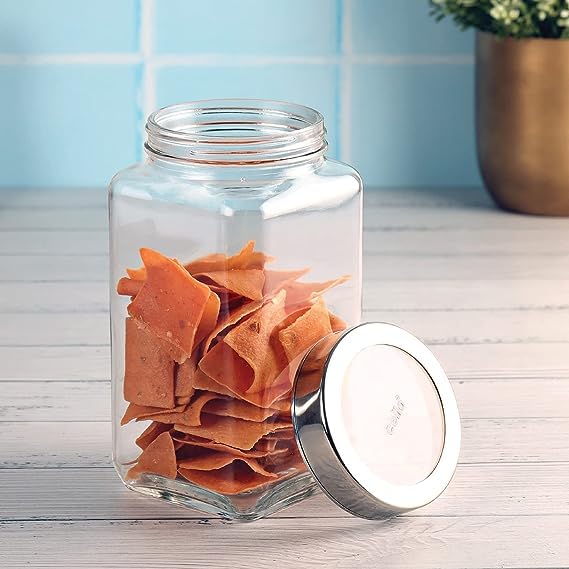 Vency Vency Glass Cube Shape Fridge Storage Containers Transparent Glass Jars & Containers for Kitchen Pantry, Snacks, Masala, Pickles, Dry Fruits, Coffee Beans Storage (Set Of 2) (1000ml Steel Cap) - Image 4