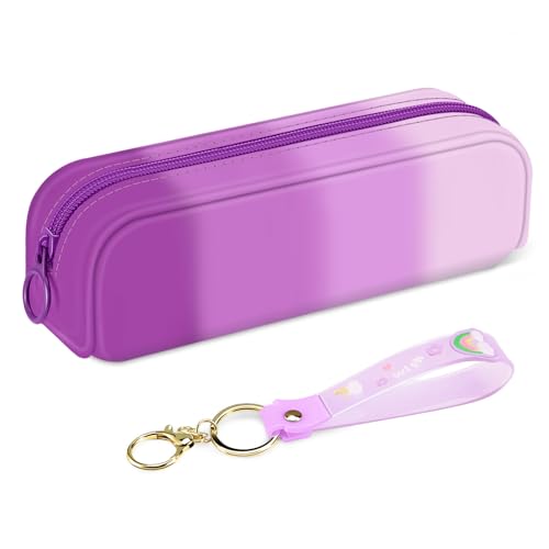FINPAC Pencil Case, Small Pencil Pouch with Wristlet, Big Capacity Zipper Portable Silicone Pen Bag for Students Women, Bible Journaling Supplies and Accessories, Makeup Bags Organizer, Iris Purple - Image 1