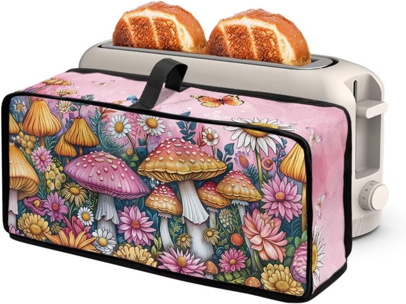 ZDCUSTOM Pink Mushroom Print Toaster Cover with Top Handle, Foldable Machine Washable Long Slot Slim Dust Covers for Most Toasters, Small Appliance Cover for Kitchen Decor - Image 1