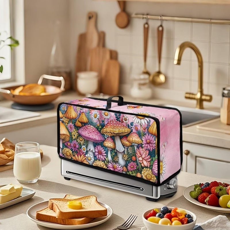 ZDCUSTOM Pink Mushroom Print Toaster Cover with Top Handle, Foldable Machine Washable Long Slot Slim Dust Covers for Most Toasters, Small Appliance Cover for Kitchen Decor - Image 3