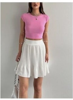 Dilvin 30528 Cotton and Modal Blend Crop Top-Pink  - Image 2