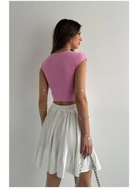 Dilvin 30528 Cotton and Modal Blend Crop Top-Pink  - Image 3