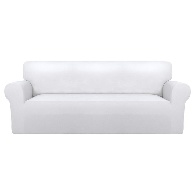 SUPER STRETCH SOFA SLIPCOVER SPANDEX NON SLIP SOFT COUCH SOFA COVER WASHABLE FURNITURE PROTECTOR WITH NON SKID FOAM AND ELASTIC BOTTOM FOR KIDS PETS SOFA WHITE