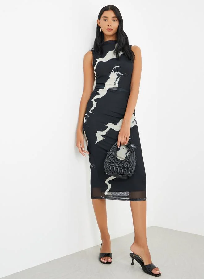 تايك تو Take Two Printed Sleeveless Ruched Detail Bodycon Midi Dress