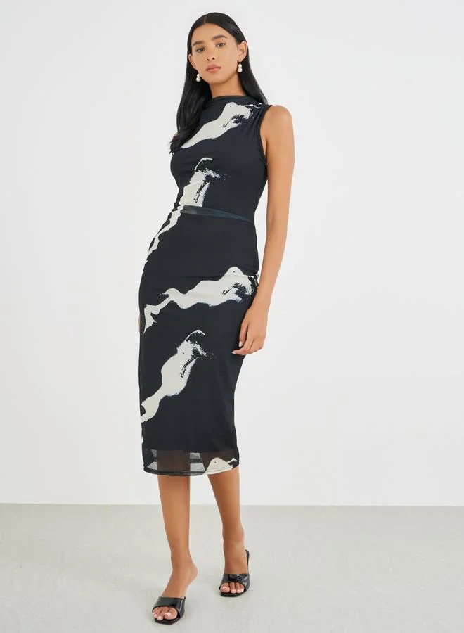 تايك تو Take Two Printed Sleeveless Ruched Detail Bodycon Midi Dress