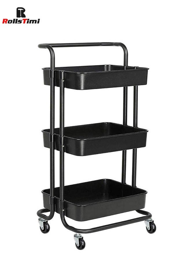 RollsTimi  3 Tier Utility Rolling Storage Cart With Handles And Lockable Wheels,Black - Image 1