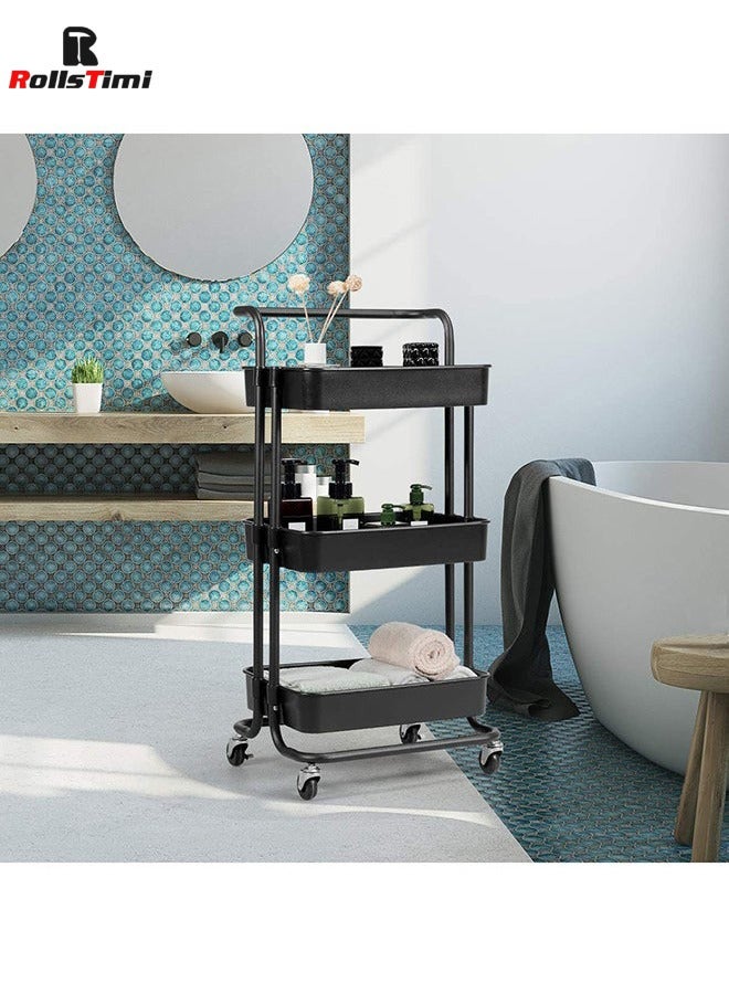 RollsTimi  3 Tier Utility Rolling Storage Cart With Handles And Lockable Wheels,Black - Image 3