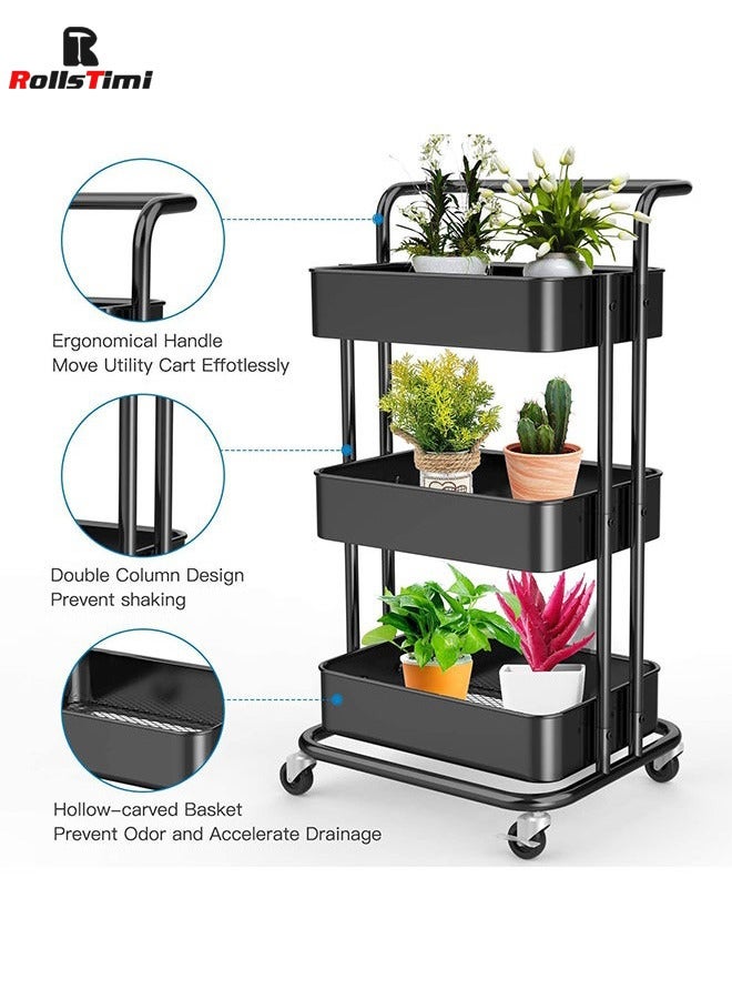 RollsTimi  3 Tier Utility Rolling Storage Cart With Handles And Lockable Wheels,Black - Image 2