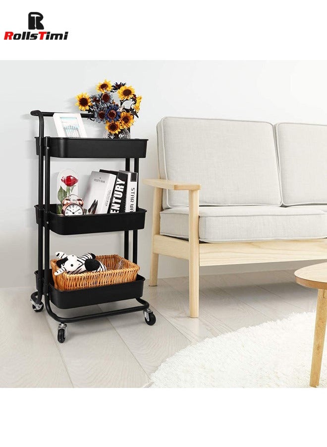 RollsTimi  3 Tier Utility Rolling Storage Cart With Handles And Lockable Wheels,Black - Image 4