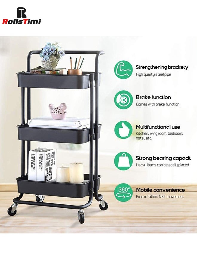 RollsTimi  3 Tier Utility Rolling Storage Cart With Handles And Lockable Wheels,Black - Image 5