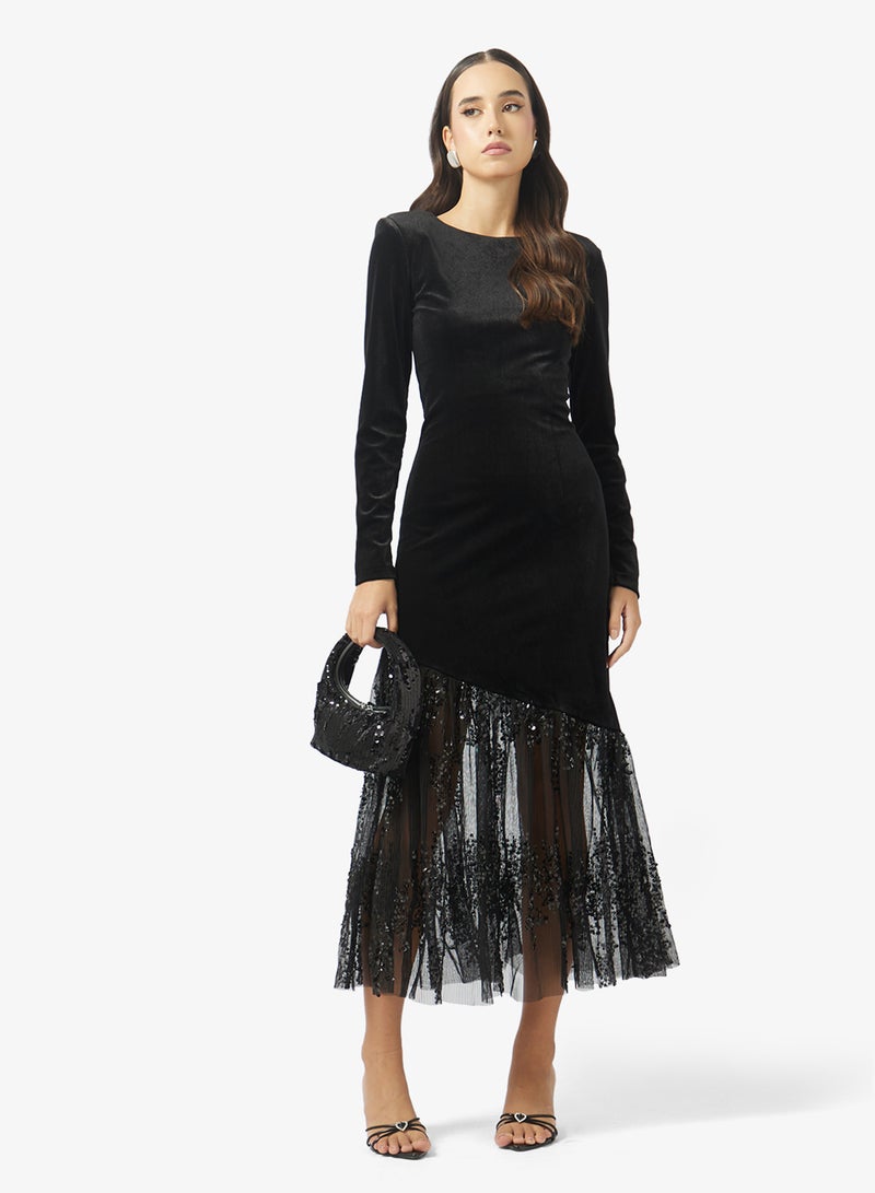 YAS Glitter mesh Hem Detail Long sleeve maxi Dress - Image 4