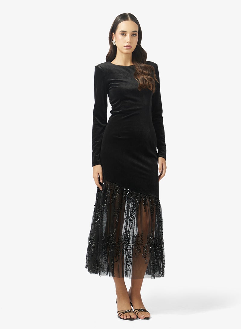 YAS Glitter mesh Hem Detail Long sleeve maxi Dress - Image 1