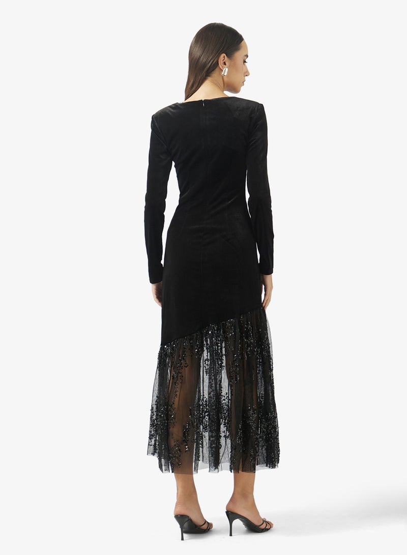 YAS Glitter mesh Hem Detail Long sleeve maxi Dress - Image 2