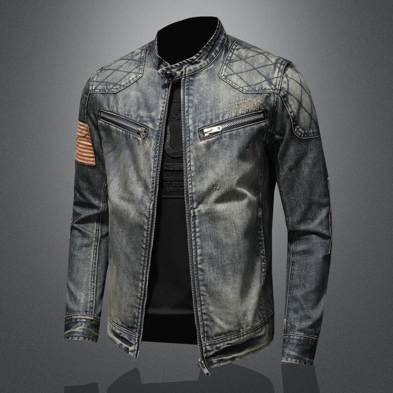 Generic Denim W Set Mens Autumn 2024 New Style Vertical Collar Motorcycle Jacket Retro Handsome Hats-Free All-Match Personality Mens Trendy Light blue