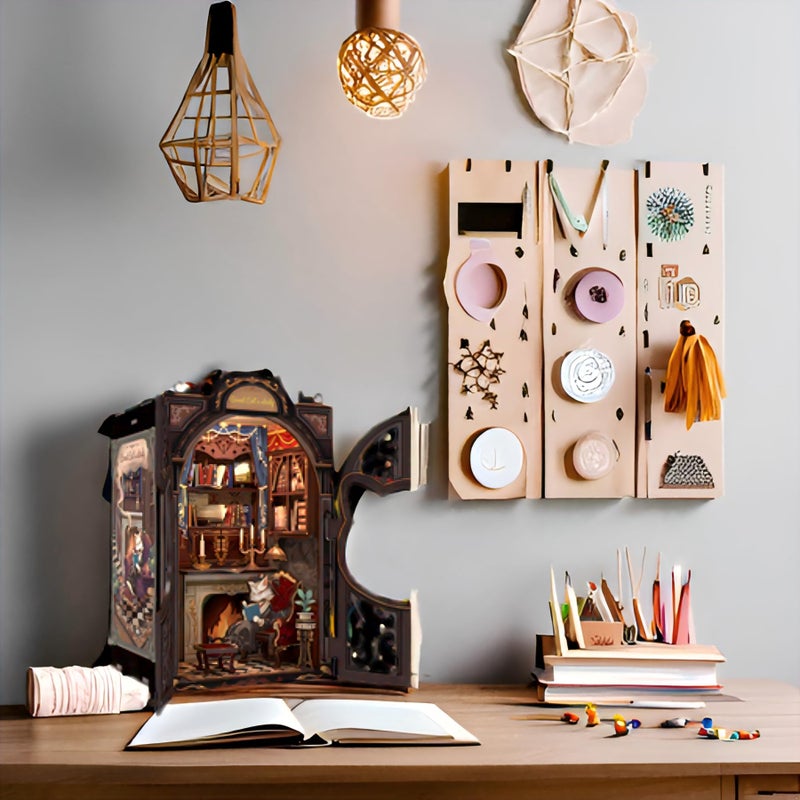 Fsolis Book Nook Kit Cat DIY Miniature Dollhouse Kit, 3D Wooden Puzzles for Adults, 108 Pieces, Bookshelf Diorama Mini Building House, Gift for Women Readers Book Lovers (Count Cat's Study) - Image 5