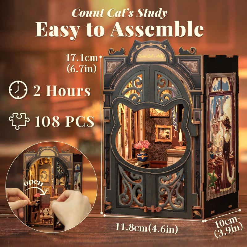 Fsolis Book Nook Kit Cat DIY Miniature Dollhouse Kit, 3D Wooden Puzzles for Adults, 108 Pieces, Bookshelf Diorama Mini Building House, Gift for Women Readers Book Lovers (Count Cat's Study) - Image 2