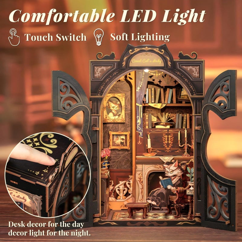 Fsolis Book Nook Kit Cat DIY Miniature Dollhouse Kit, 3D Wooden Puzzles for Adults, 108 Pieces, Bookshelf Diorama Mini Building House, Gift for Women Readers Book Lovers (Count Cat's Study) - Image 4
