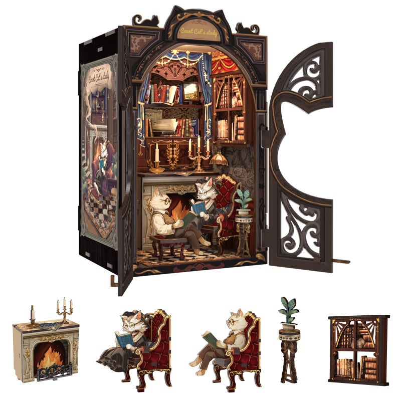 Fsolis Book Nook Kit Cat DIY Miniature Dollhouse Kit, 3D Wooden Puzzles for Adults, 108 Pieces, Bookshelf Diorama Mini Building House, Gift for Women Readers Book Lovers (Count Cat's Study) - Image 1