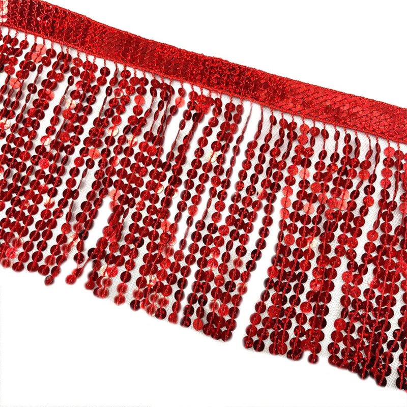 LauthenS 98 Yards Sequins Fringe Trim 6 Inch Sequin Tassels Sewing Trim for DIY Craft Latin Dress Clothing Embellishment Red